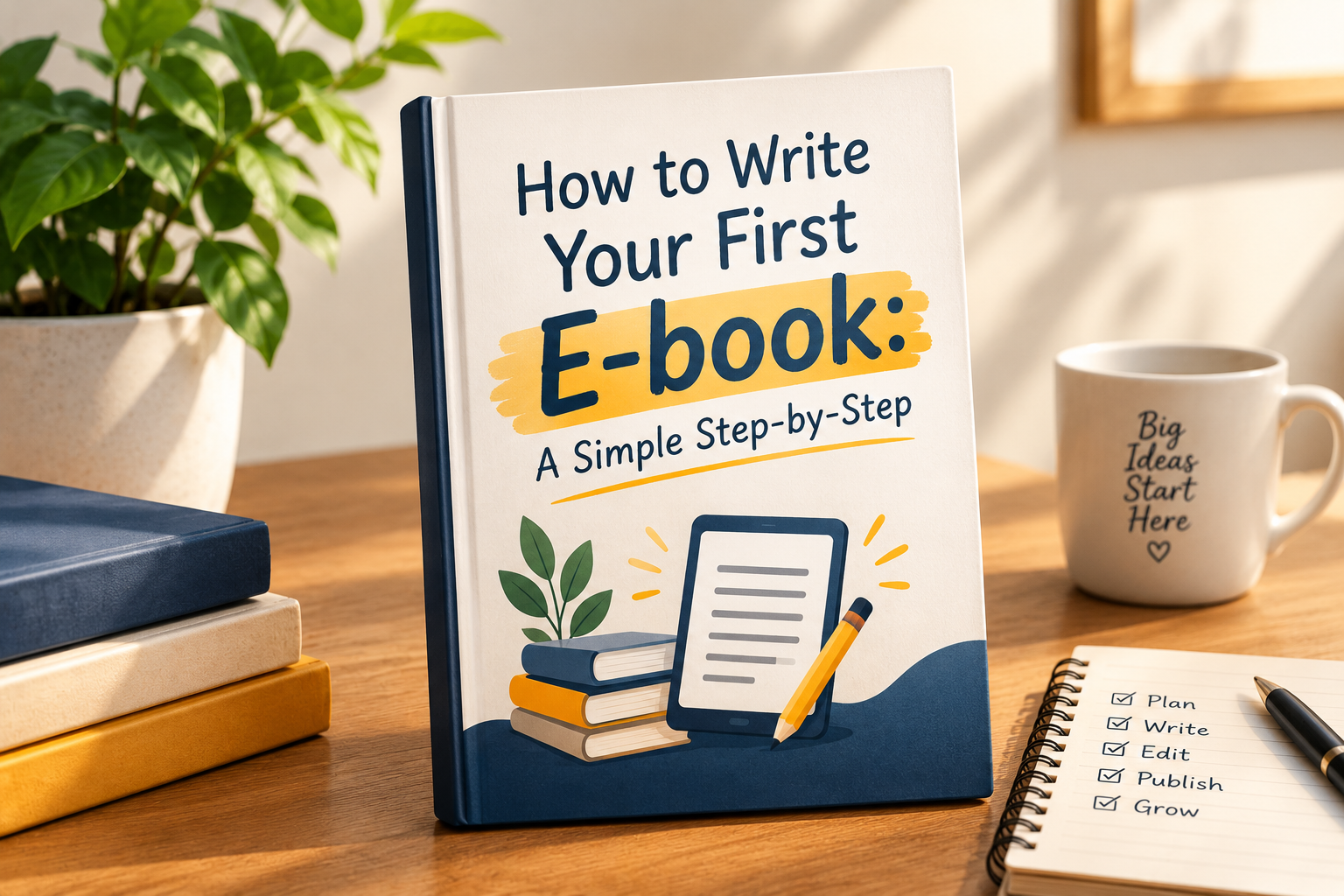 How to write your first ebook step by step with a book, digital reading device, and writing checklist.