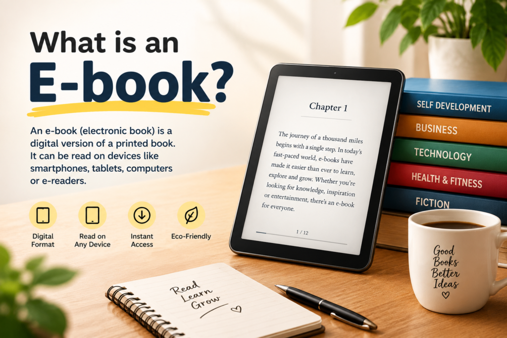 What is an e-book? A digital book displayed on a tablet with books in the background.